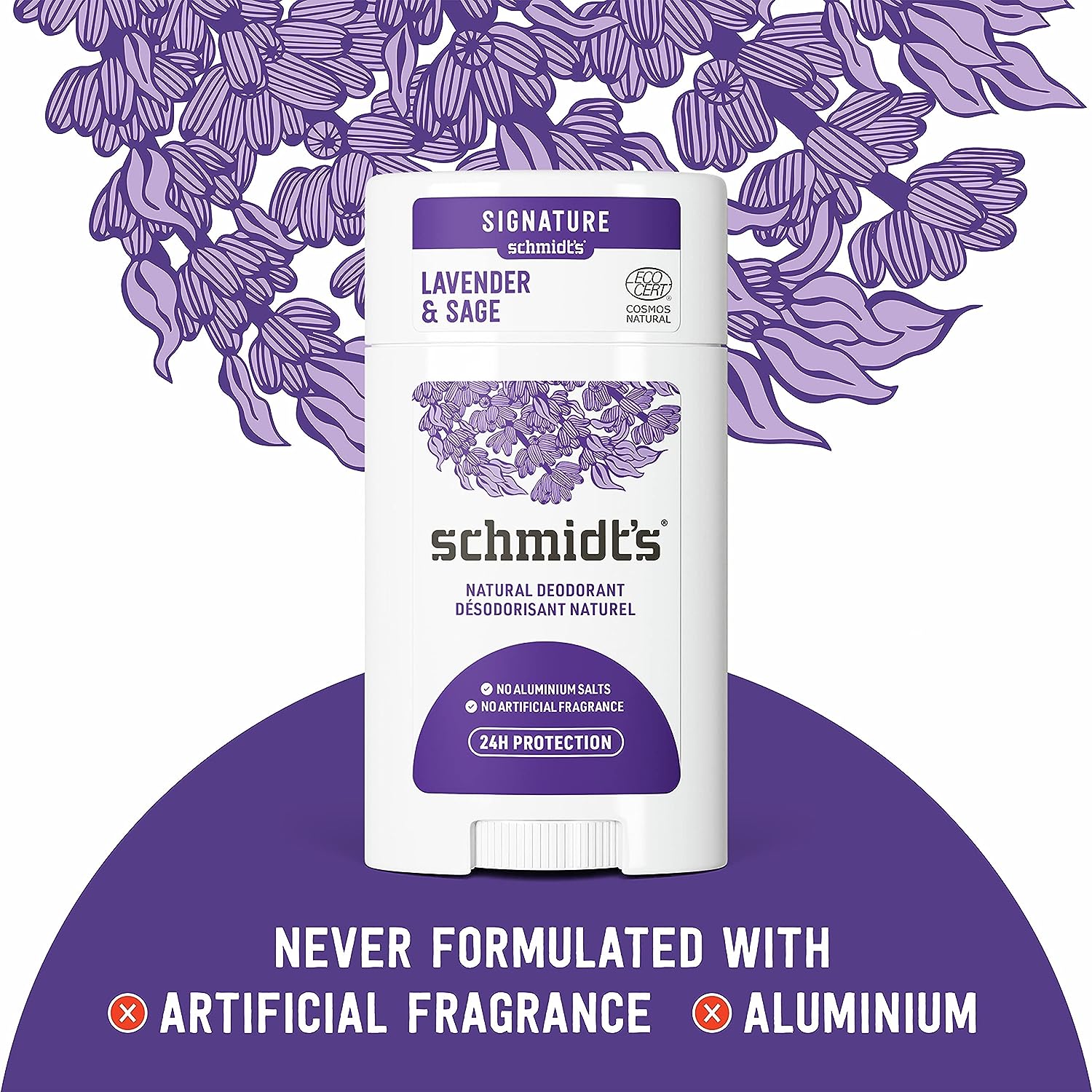 Schmidt's Aluminum Free Natural Deodorant for Women and Men, Lavender and Sage with 24 Hour Odor Protection, Vegan, Cruelty Free, 2.65 Oz, Pack of 2