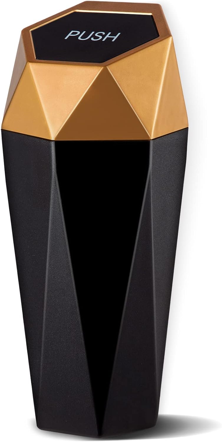 JUSTTOP Car Trash Can with Lid, Diamond  Small Automatic Portable Trash Can, Easy to Clean, Used in Car Home Office (Gold)