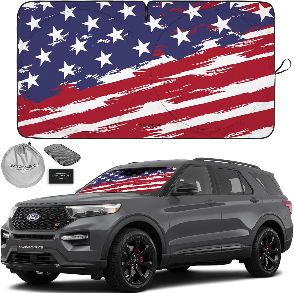 Autoamerics 1-Piece Windshield Sun Shade USA Art Flag - 2 American  - Foldable Car Front Window Sunshade for Most Sedans SUV Truck - Blocks Max UV Rays and Keeps Your Vehicle Cool - Medium