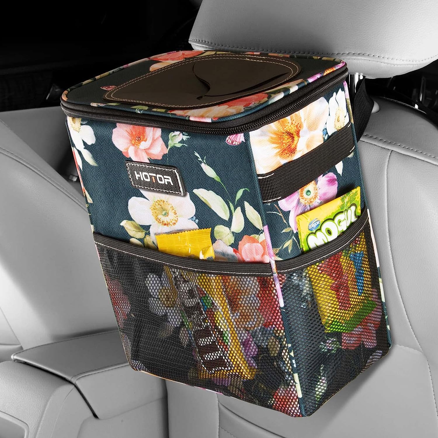 HOTOR Car Trash Can with Lid and Storage Pockets, 100% Leak-Proof Car Organizer, Waterproof Car Garbage Can, Multipurpose Trash Bin for Car - Green Flower