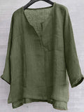 Cotton & Linen Solid Color V-Neck Blouse