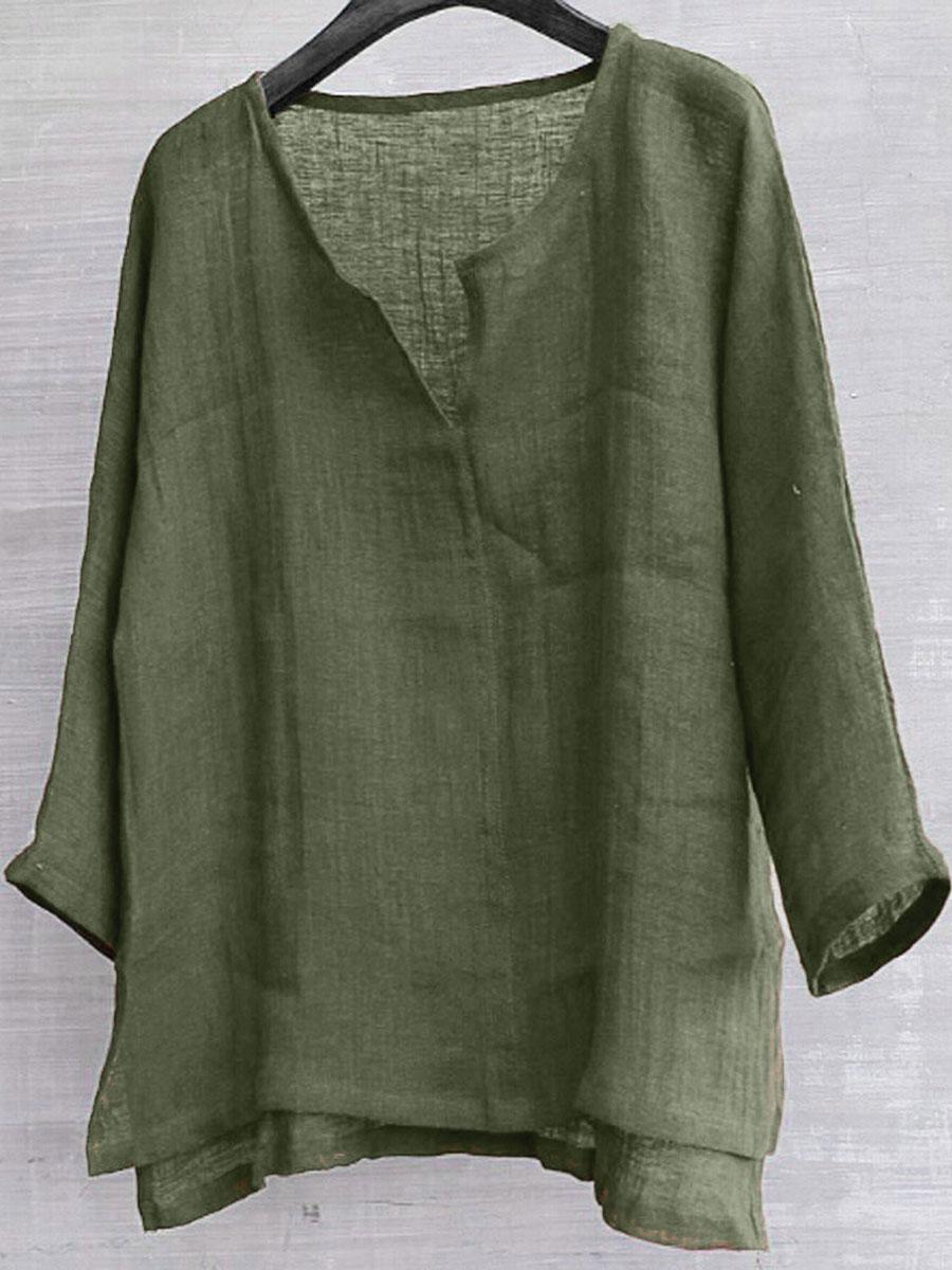 Cotton & Linen Solid Color V-Neck Blouse