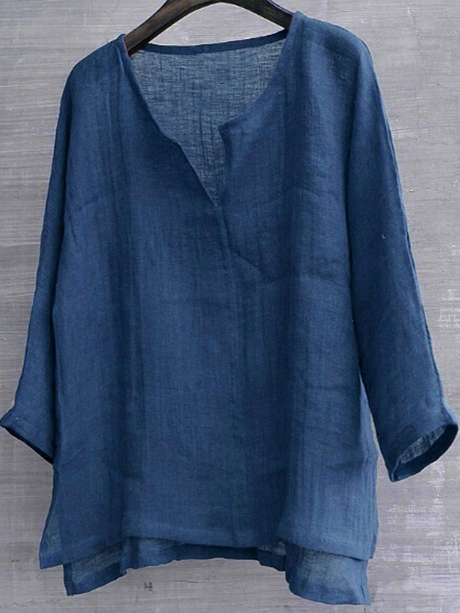 Cotton & Linen Solid Color V-Neck Blouse