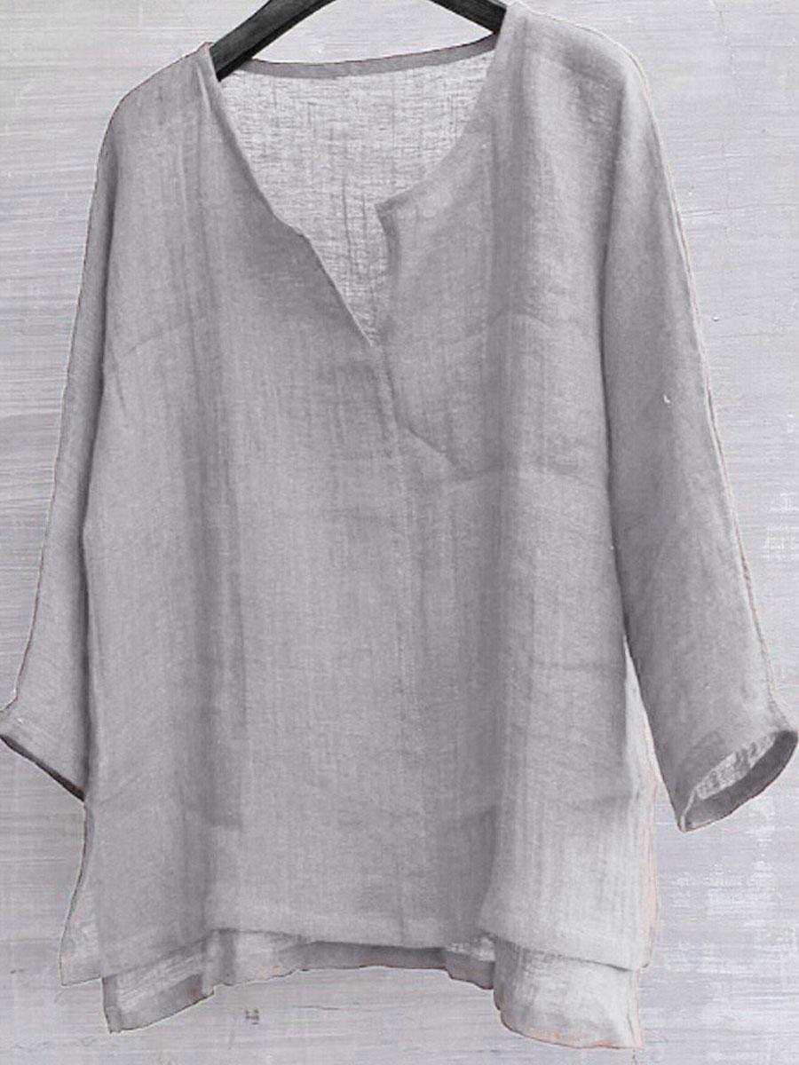 Cotton & Linen Solid Color V-Neck Blouse