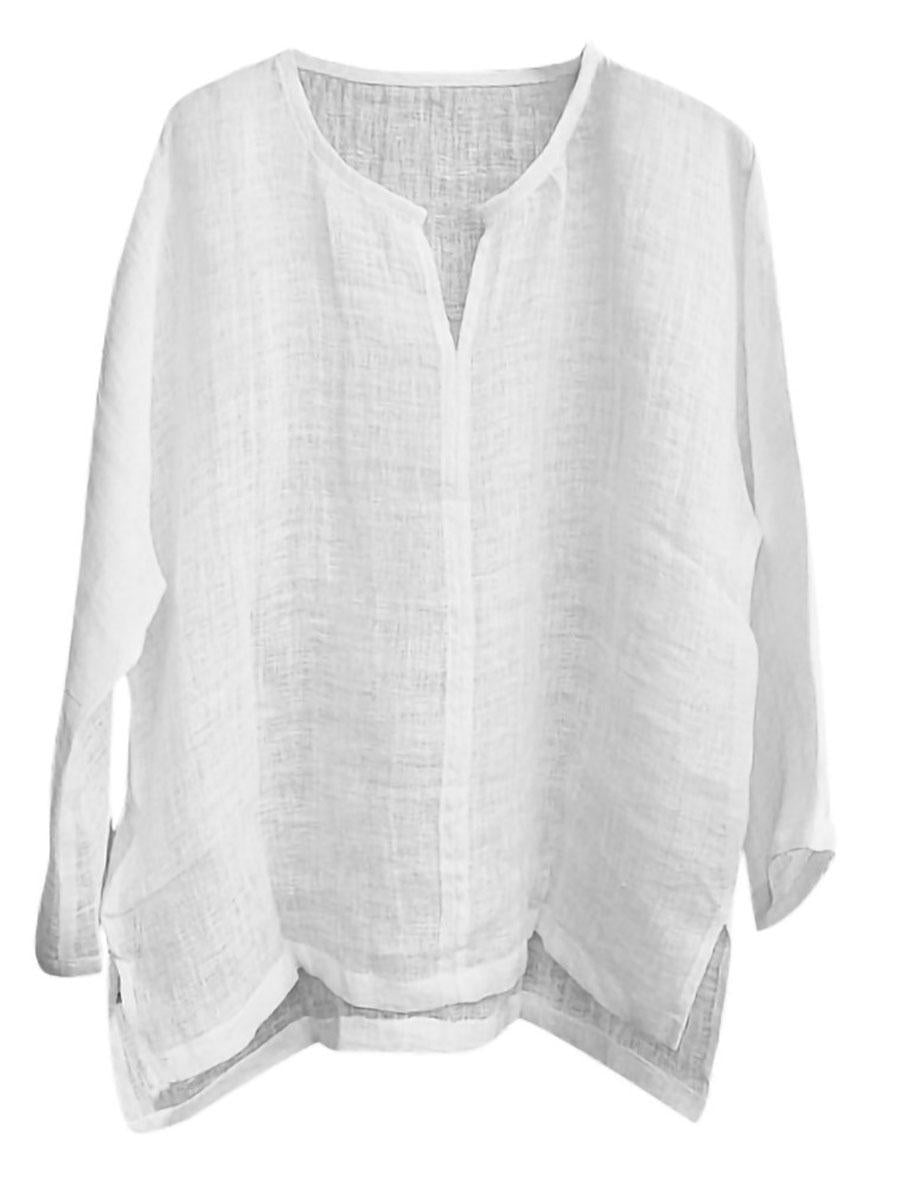 Cotton & Linen Solid Color V-Neck Blouse