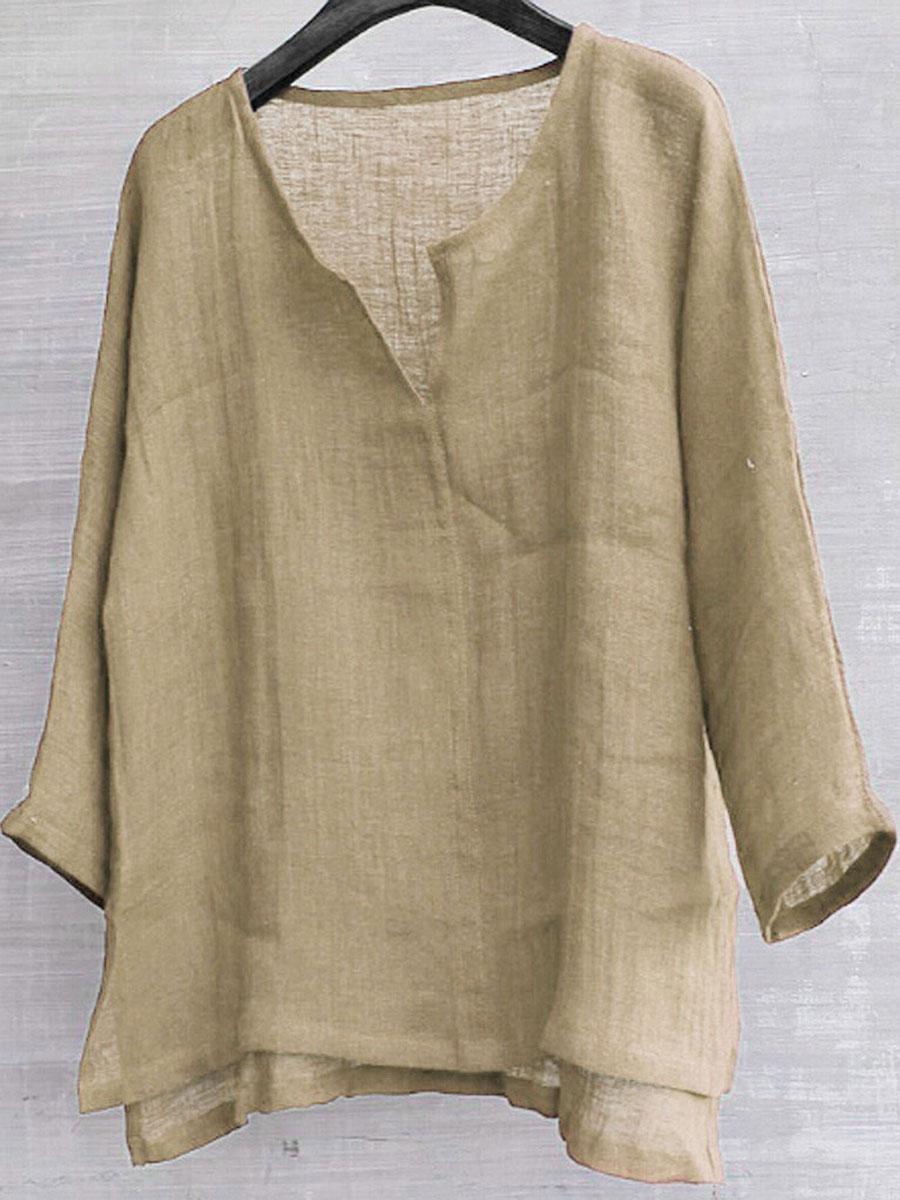 Cotton & Linen Solid Color V-Neck Blouse