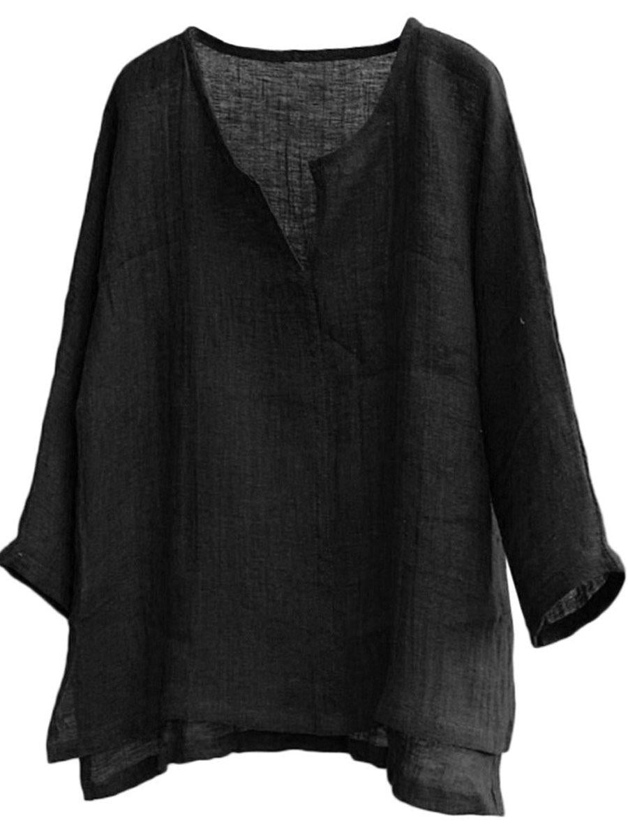 Cotton & Linen Solid Color V-Neck Blouse