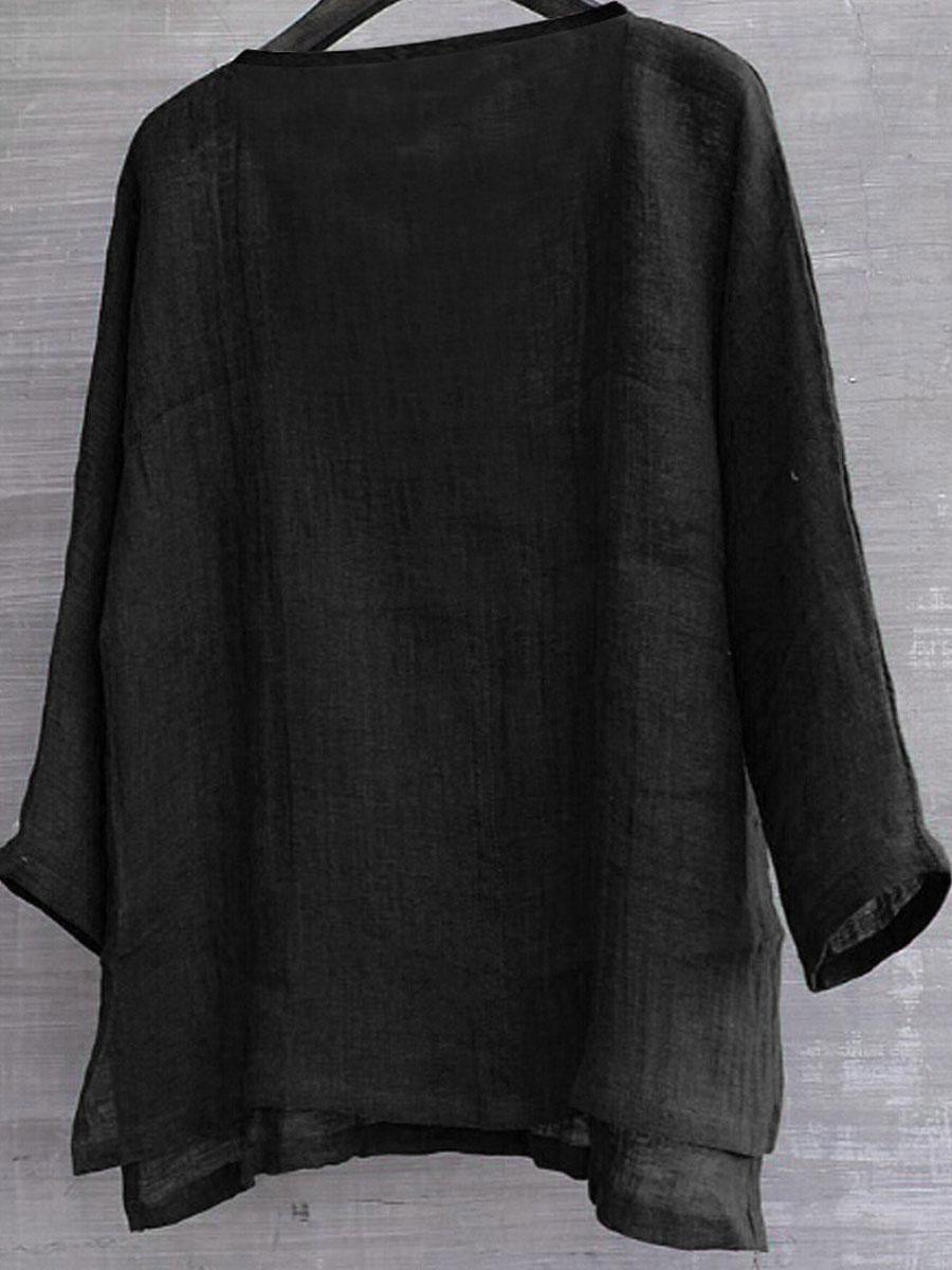 Cotton & Linen Solid Color V-Neck Blouse