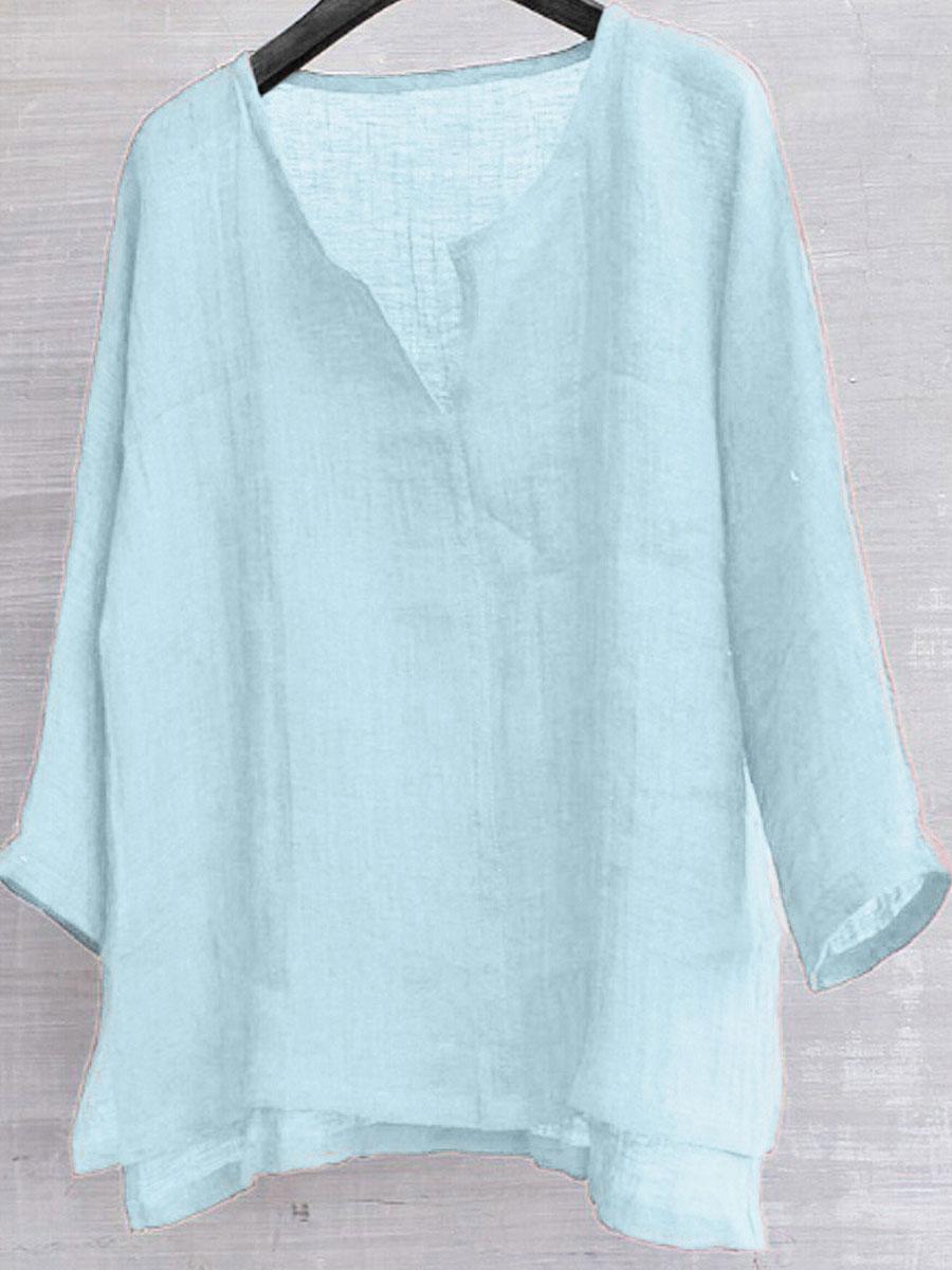 Cotton & Linen Solid Color V-Neck Blouse