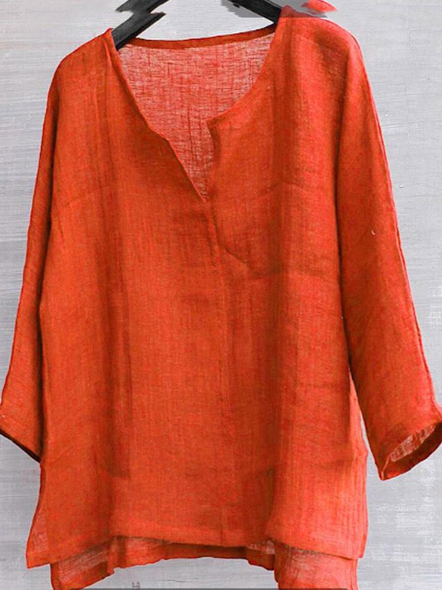 Cotton & Linen Solid Color V-Neck Blouse