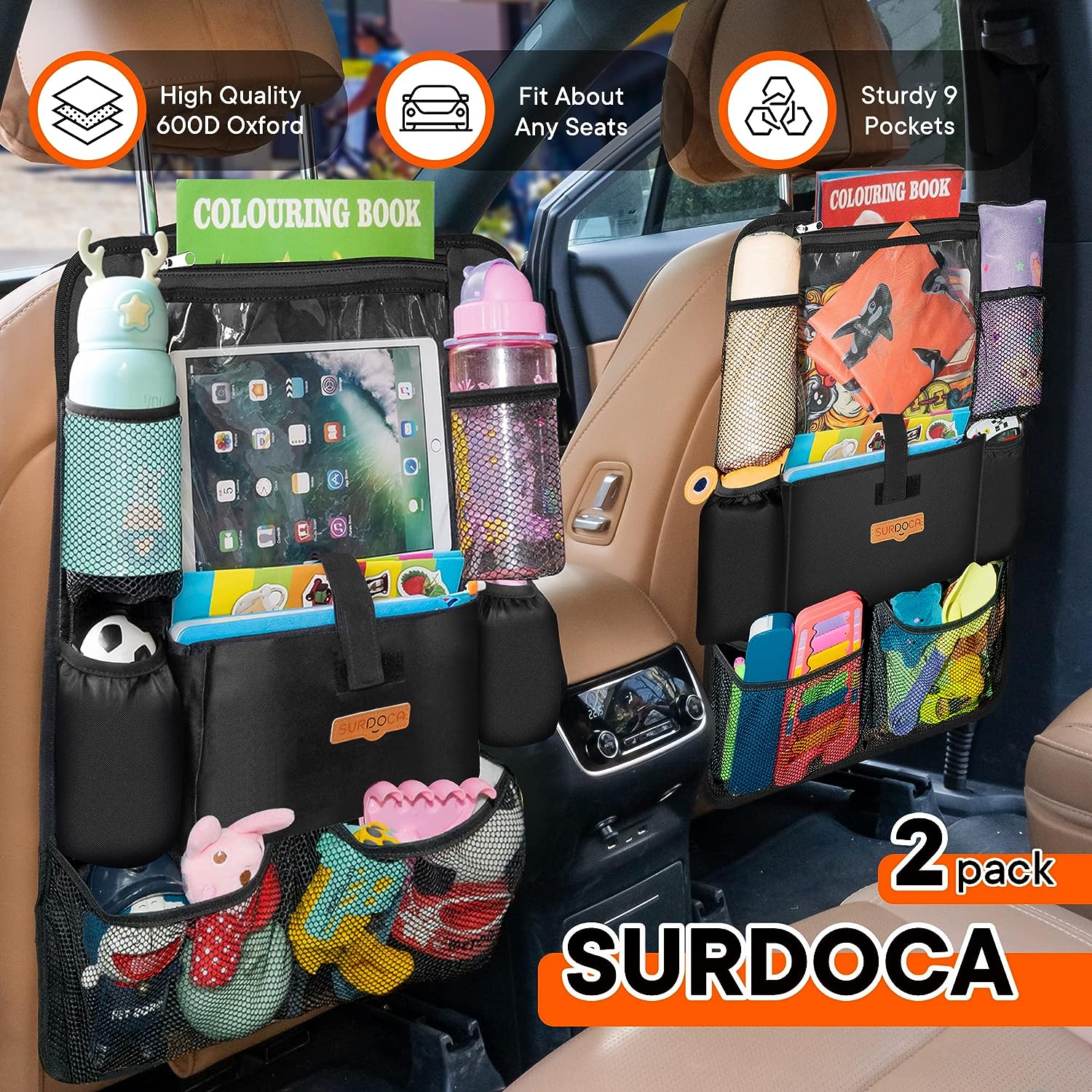 SURDOCA Car Organizers and Storage - Car Seat Organizer with 10.5-inch Clear Tablet Pocket, 4th Generation Backseat Car Organizer with 9 Pockets, Car Accessories for Kids, 2 Pack
