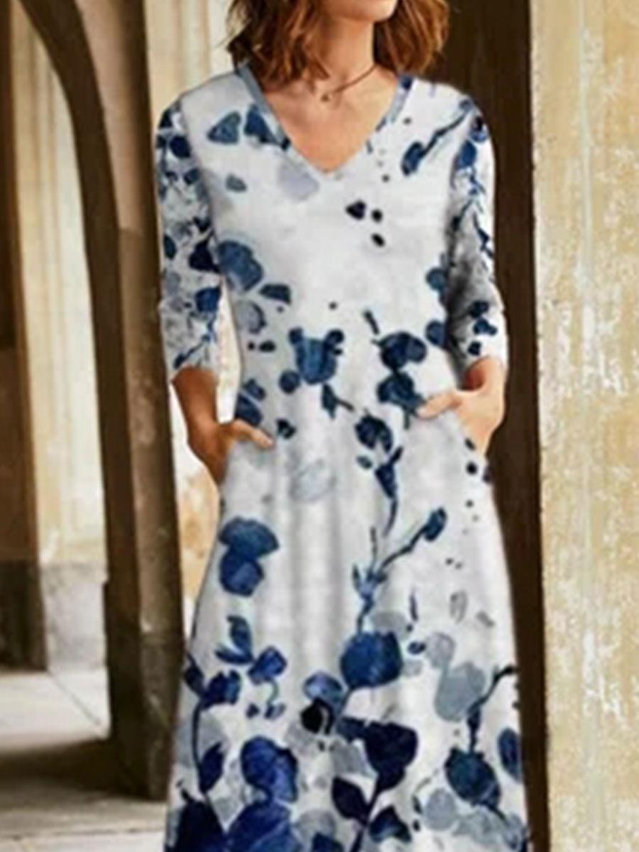 Casual Flower Print Long Sleeve V-neck Casual Maxi Dress
