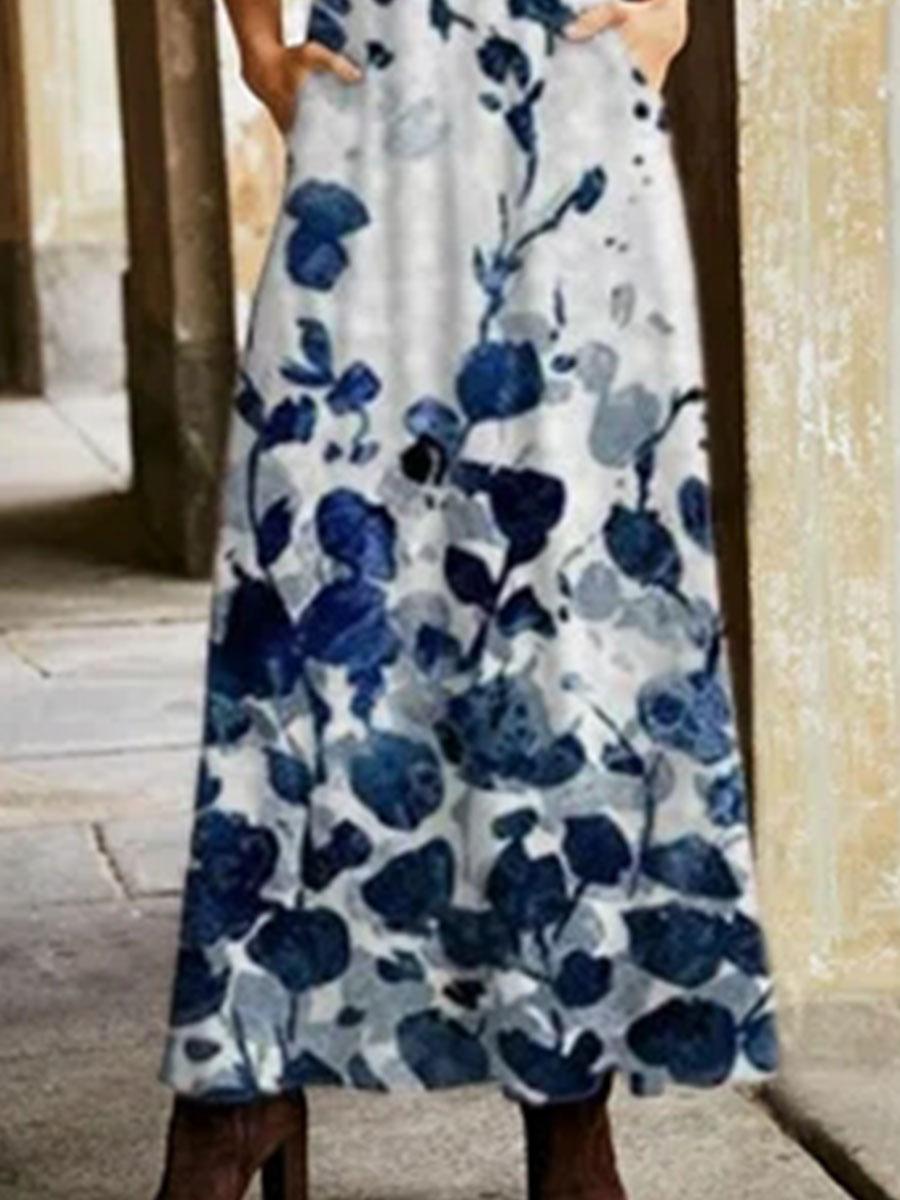 Casual Flower Print Long Sleeve V-neck Casual Maxi Dress