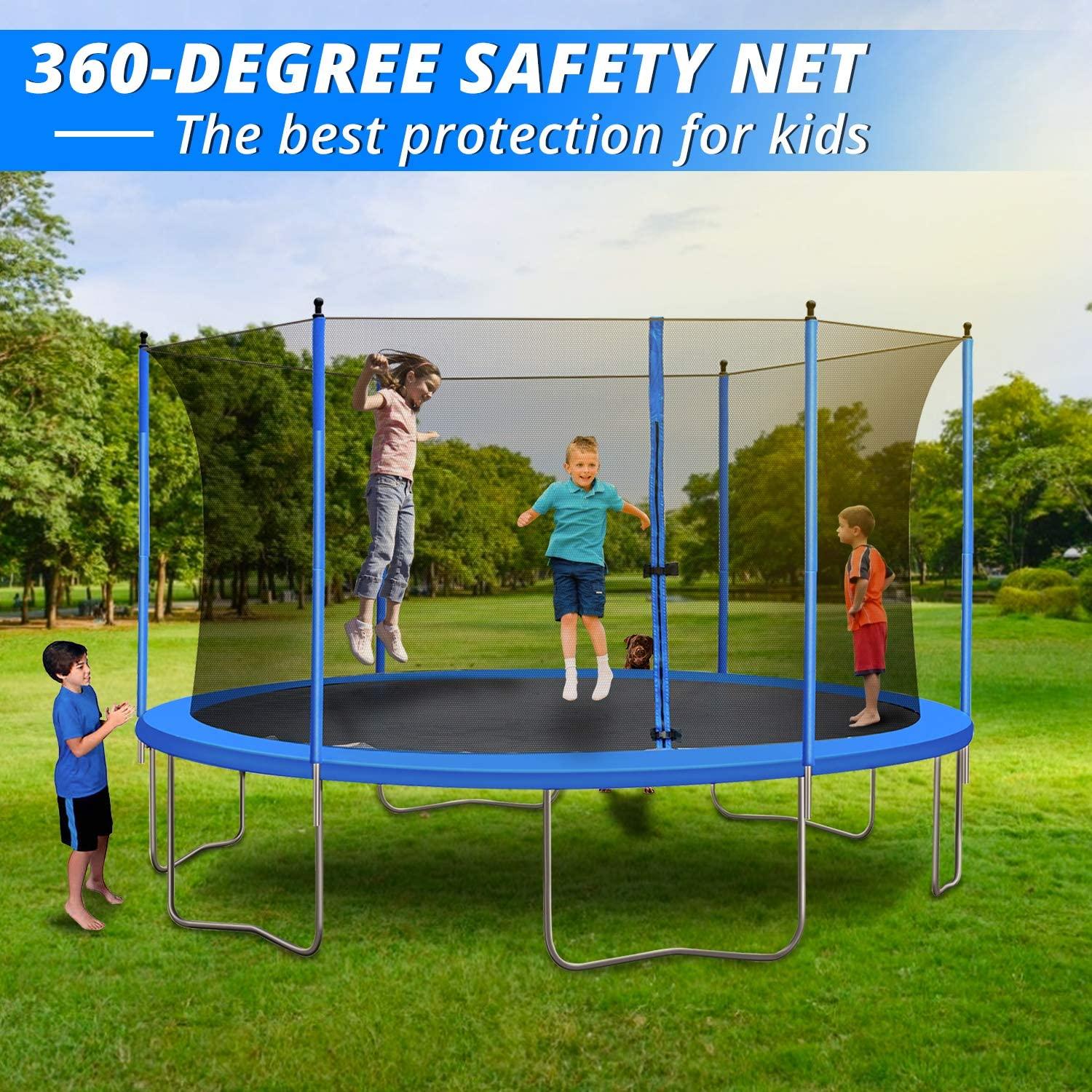 12ft 300lbs Load Trampoline With Enclosure For Kids Toddlers And Adults, Indoor Outdoor Recreational Exercise Trampoline, 144x144x112.6'' Blue