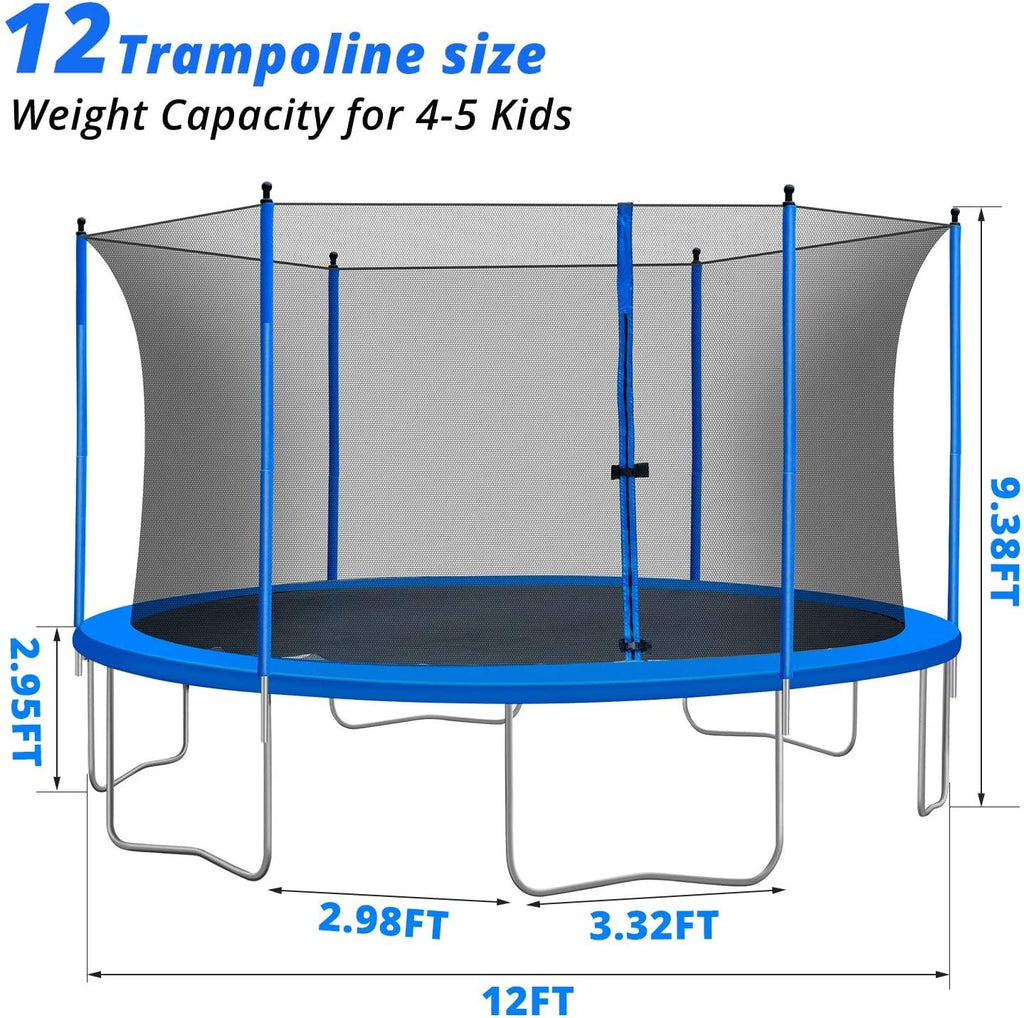 12ft 300lbs Load Trampoline With Enclosure For Kids Toddlers And Adults, Indoor Outdoor Recreational Exercise Trampoline, 144x144x112.6'' Blue