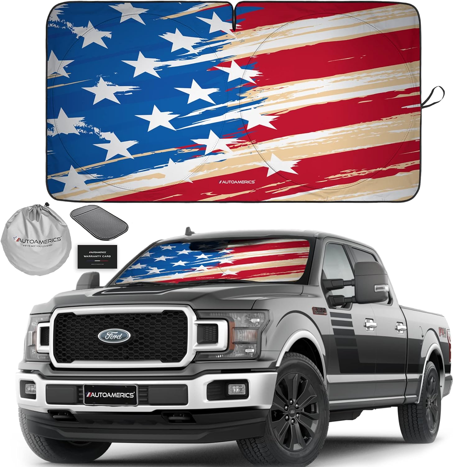 Autoamerics 1-Piece Windshield Sun Shade USA Art Flag - 1 American  - Foldable Car Front Window Sunshade for Most Sedans SUV Truck - Blocks Max UV Rays and Keeps Your Vehicle Cool - X-Large