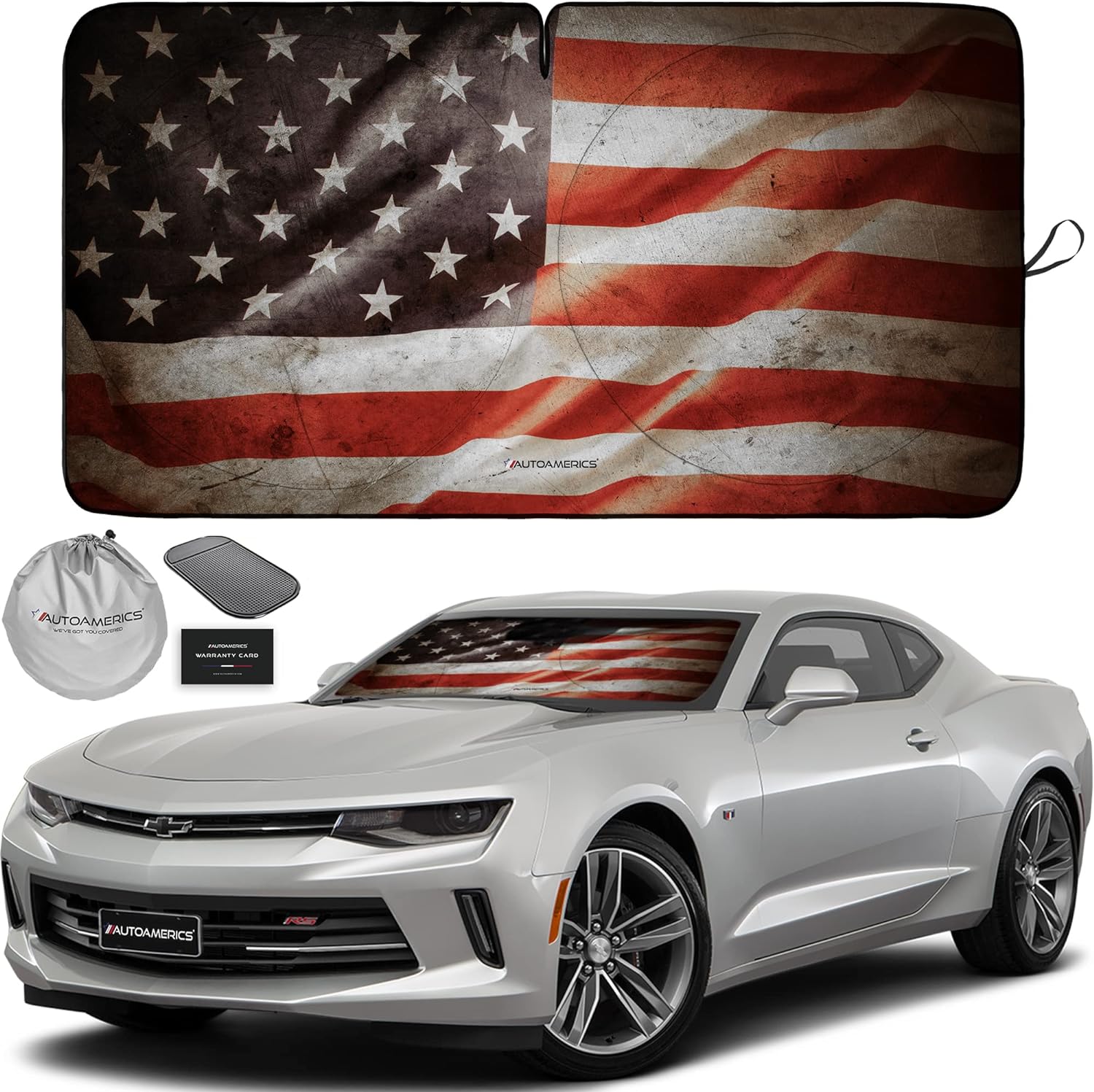 Autoamerics 1-Piece Windshield Sun Shade Grunge American Flag - 1 USA  - Foldable Car Front Window Sunshade for Most Sedans SUV Truck - Blocks Max UV Rays and Keeps Your Vehicle Cool - Small
