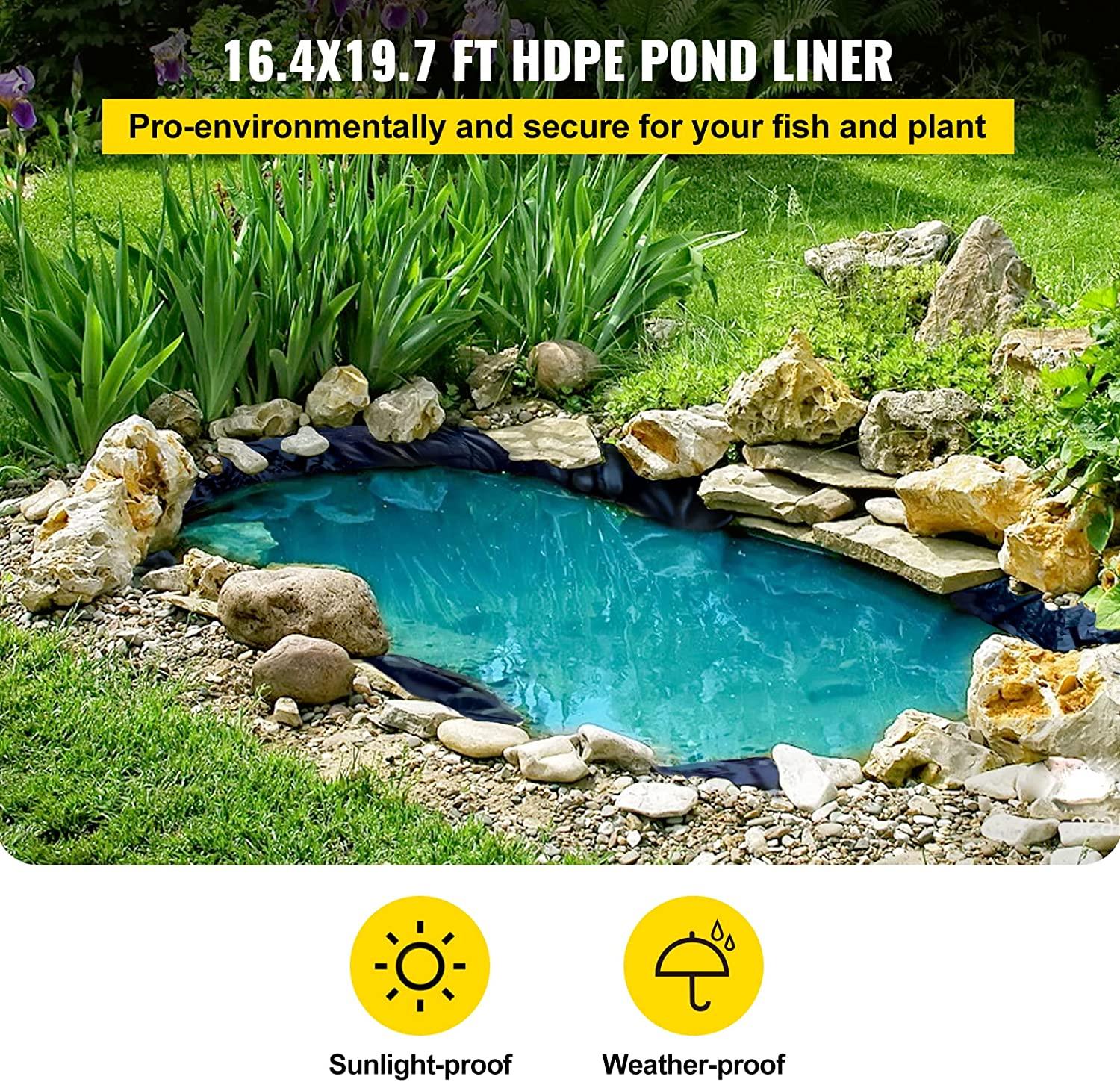 Pond Liner, 16.4x19.7ft, 20 Mil Pond Liners for Outdoor Ponds, HDPE Pond Underlayment for Fountain, Small Pond, Fishpond, Waterfall, Water Garden, Black
