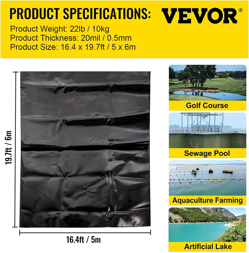 Pond Liner, 16.4x19.7ft, 20 Mil Pond Liners for Outdoor Ponds, HDPE Pond Underlayment for Fountain, Small Pond, Fishpond, Waterfall, Water Garden, Black