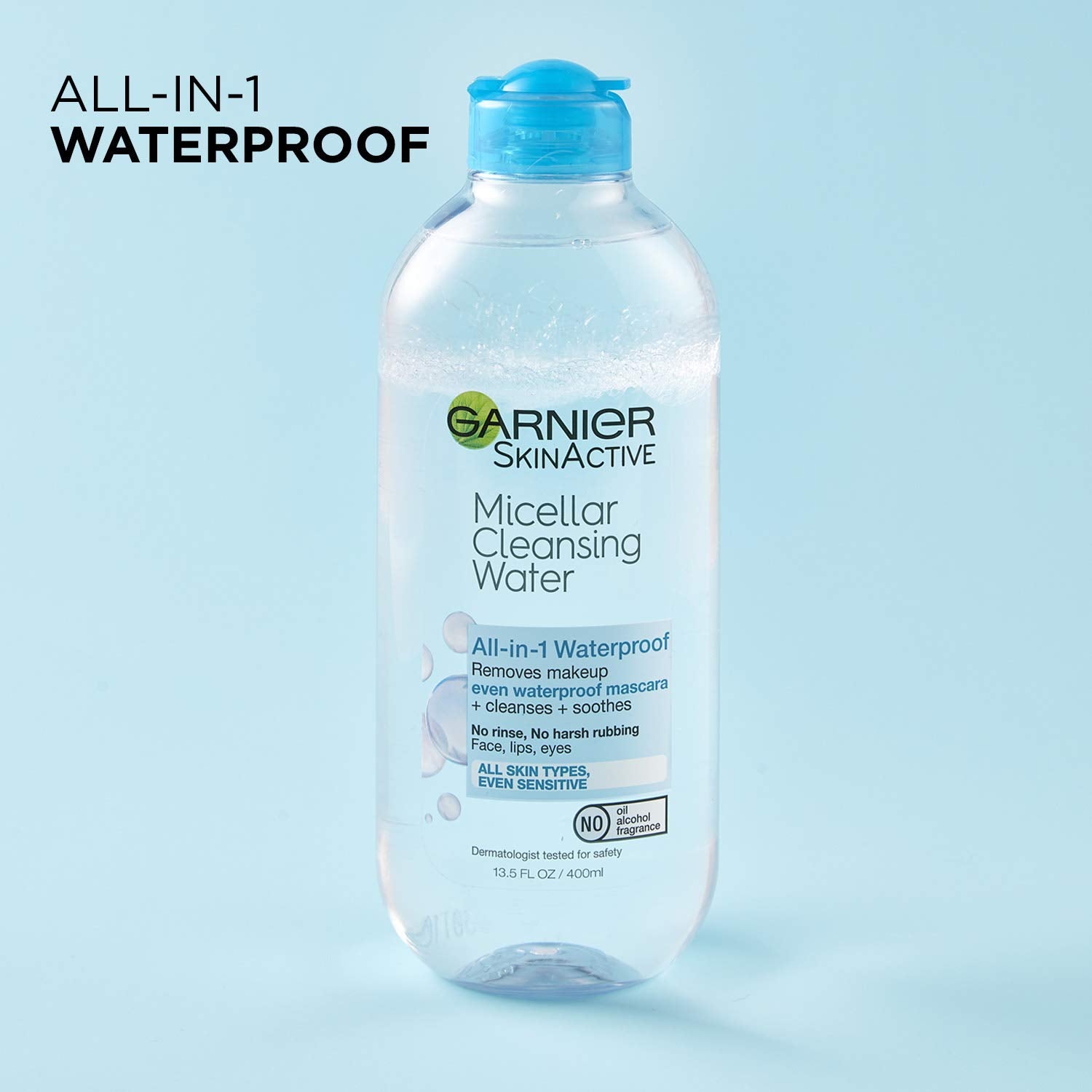 Garnier SkinActive Micellar Water For Waterproof Makeup, Facial Cleanser &amp; Makeup Remover, 13.5 Fl Oz (400mL), 1 Count (Packaging May Vary)