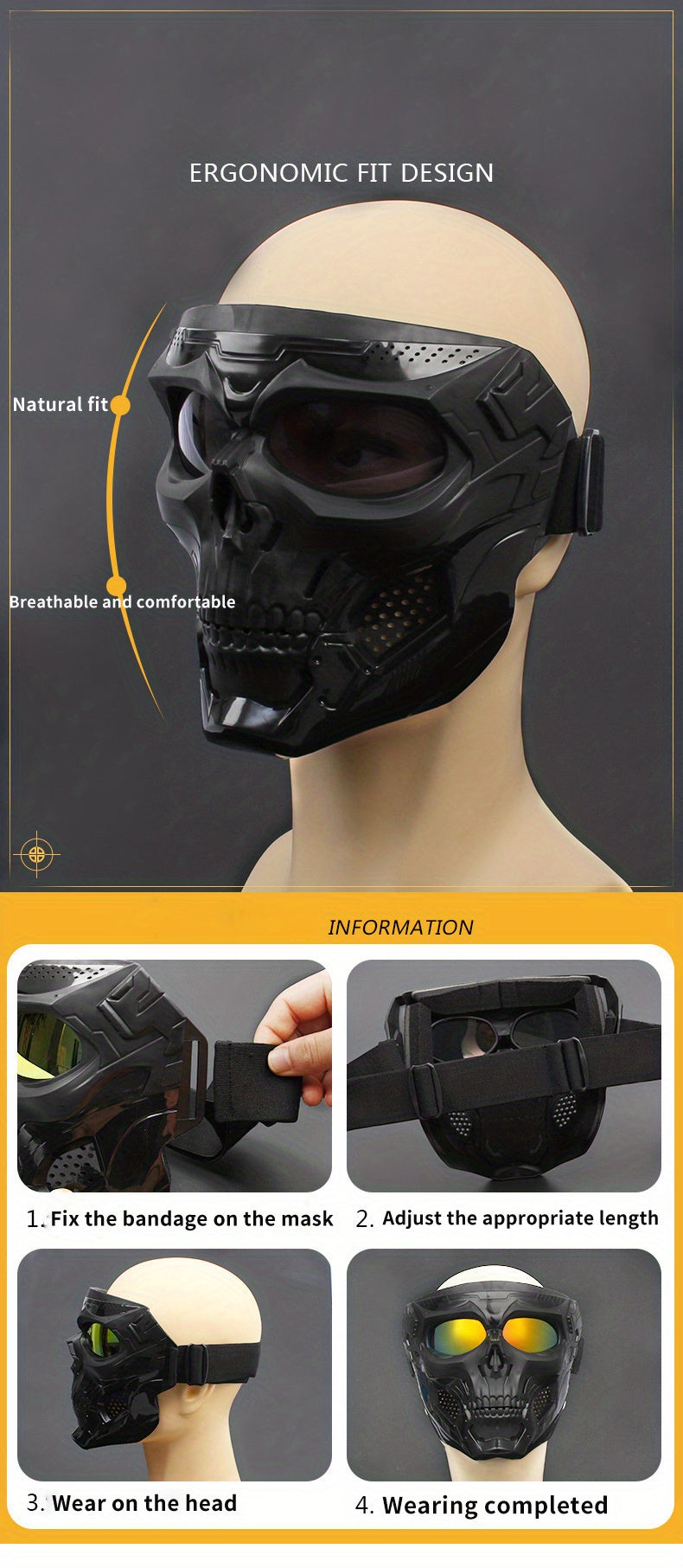 Skull Mask, Tactical Full Face Protection Outdoor Cycling Windproof Goggles, Sports &amp; Outdoor Supplies Cross-country Motorcycle Goggles Sports Riding
