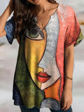 V-neck Printed Loose Casual Short-sleeved T-shirt