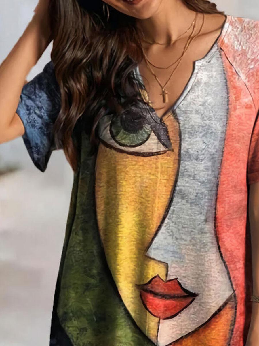 V-neck Printed Loose Casual Short-sleeved T-shirt