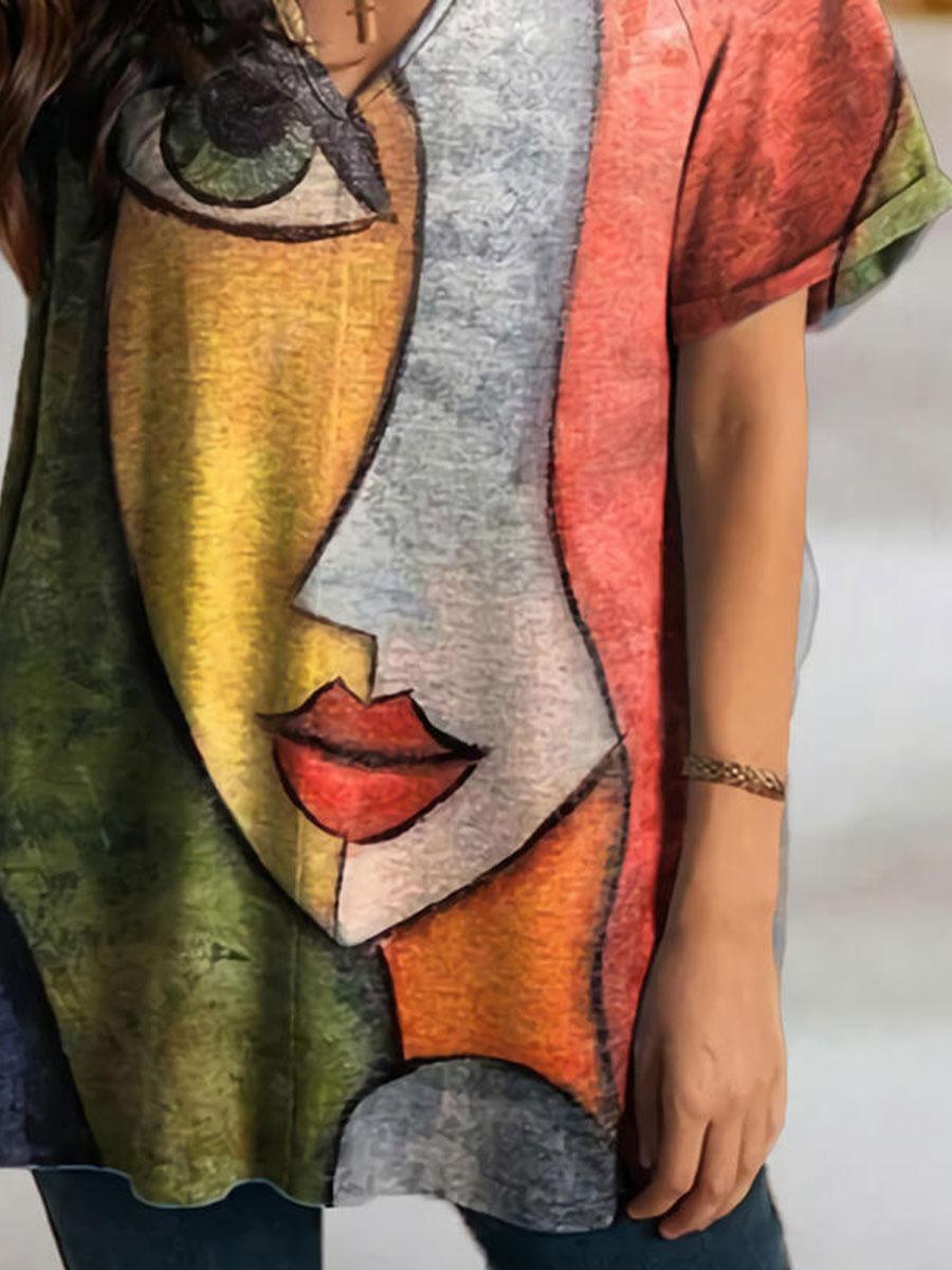 V-neck Printed Loose Casual Short-sleeved T-shirt