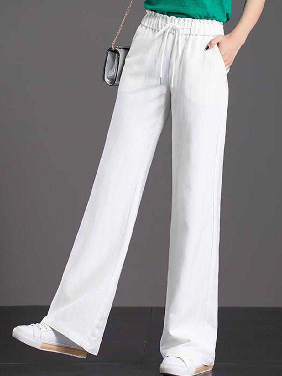 Womens Solid Color Elastic Waist Wide-leg Pants