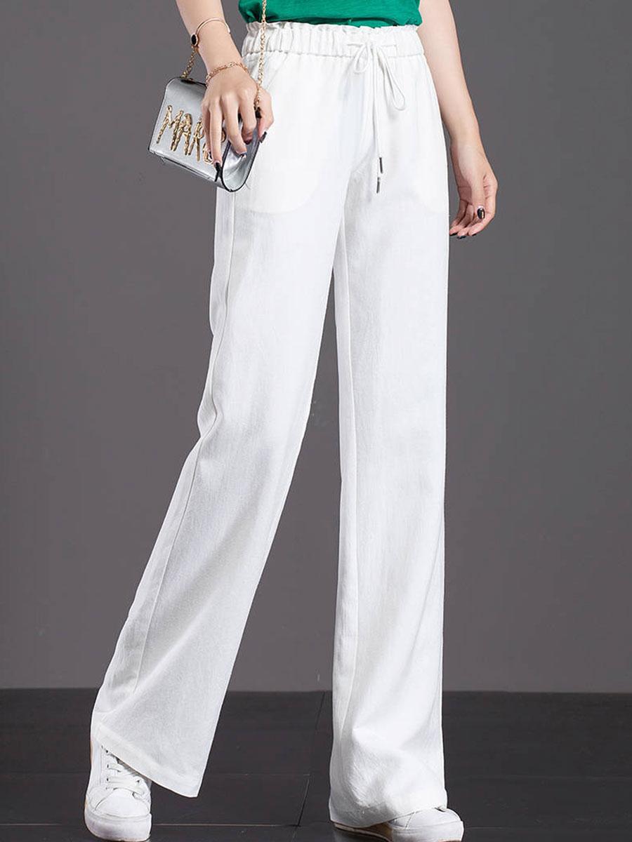 Womens Solid Color Elastic Waist Wide-leg Pants