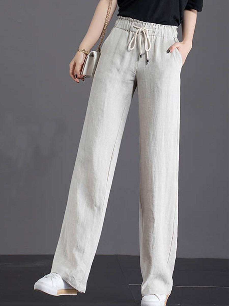 Womens Solid Color Elastic Waist Wide-leg Pants