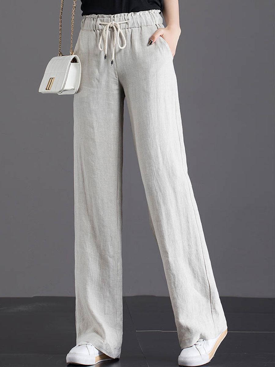 Womens Solid Color Elastic Waist Wide-leg Pants