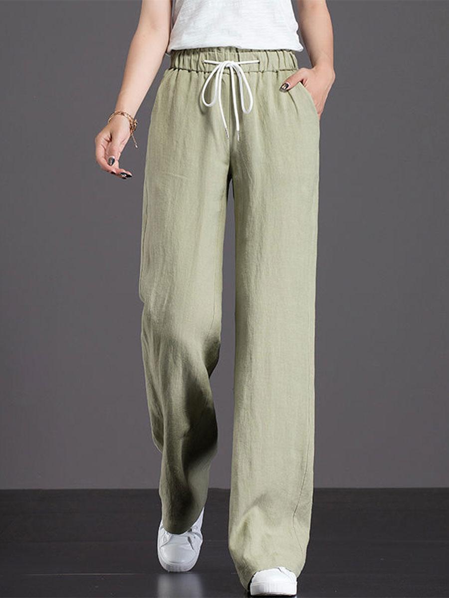 Womens Solid Color Elastic Waist Wide-leg Pants