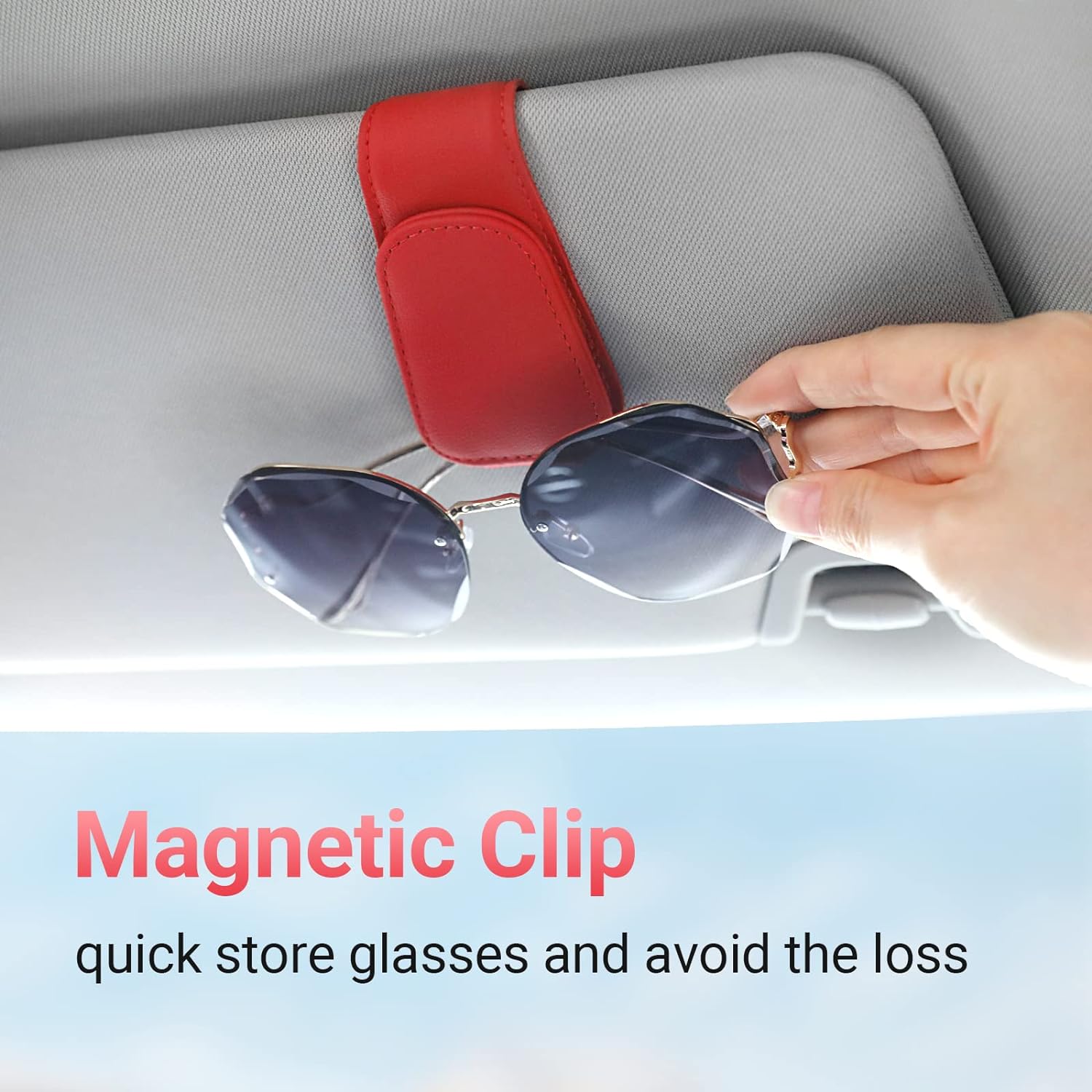 Sunglass Holder for Car Visor Sunglasses Clip Magnetic Leather Glasses Eyeglass Holder Interior Car Accessories for Woman Man - 2 Packs Red