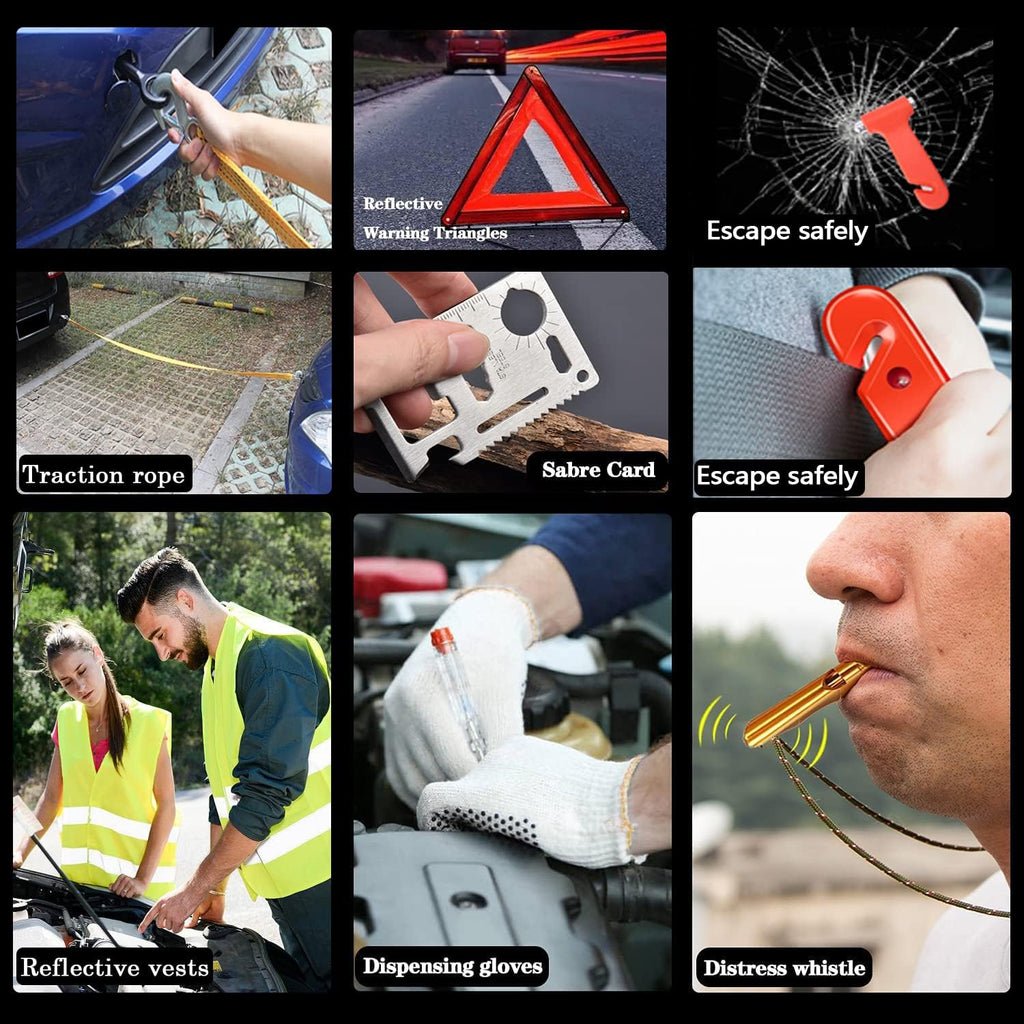LIANXIN Roadside Emergency Car Kit-Safety Car Kit Car Emergency Kit with Jumper Cables Roadside Assistance Kit, Tow Rope, Safety Hammer, Reflective Warning Triangle,Car Tool Kit