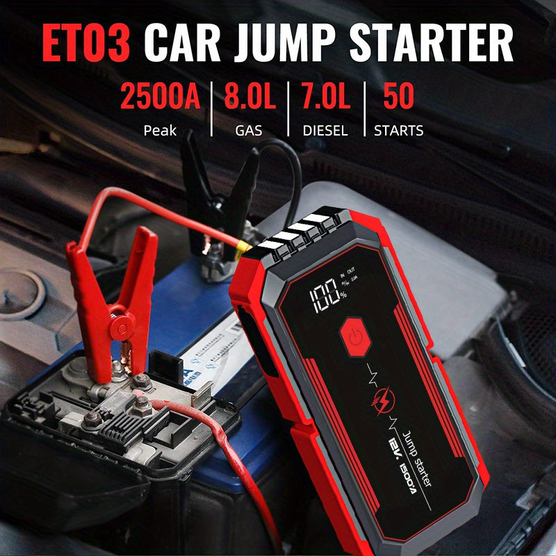 Car Jump Starter 2500A Peak Car Battery Jump Starter  Up To 2.11gal Gas And 1.85gal Diesel Engine 12V Portable Lithium Jump Starter LED Light/USB QC3.0