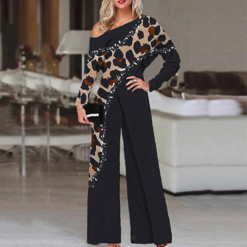 Fashion Leopard Print Off-shoulder Long Sleeve Jumpsuit Women