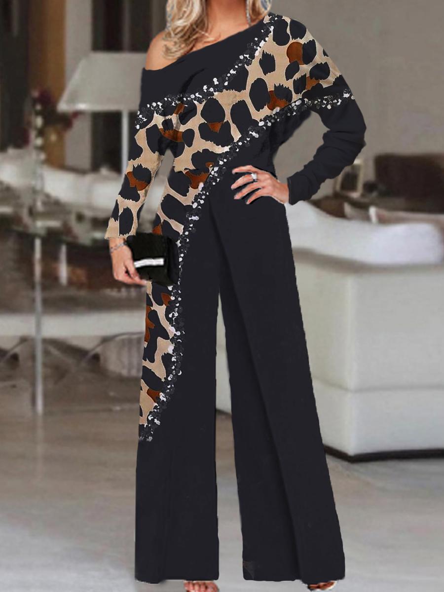 Fashion Leopard Print Off-shoulder Long Sleeve Jumpsuit Women