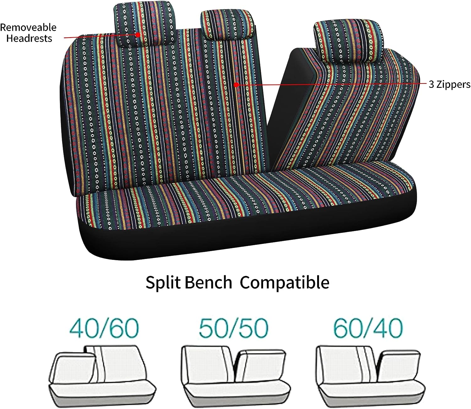 Pariitadin Baja Saddle Blanket Car Seat Covers Full Set with Seat Belt Pads, Washable Breathable Striped Woven Cloth Seat Covers for Cars Interior, Universal Fit Most Cars, Airbag Compatible, Red/Blue