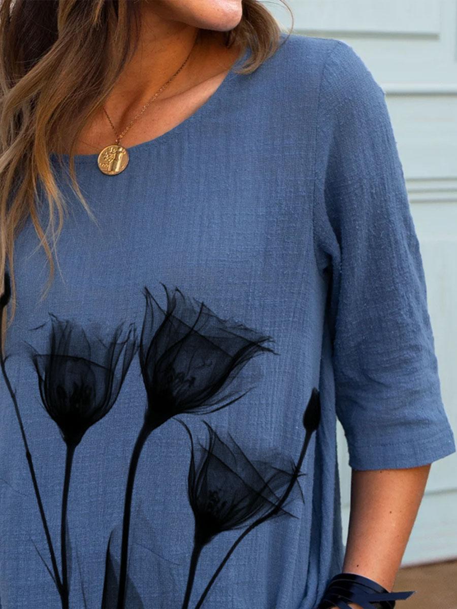 Round Neck Floral Print Middle Sleeve Ladies Blouse