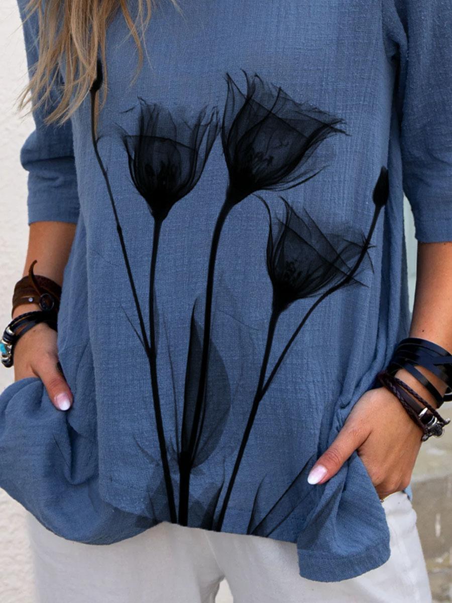 Round Neck Floral Print Middle Sleeve Ladies Blouse