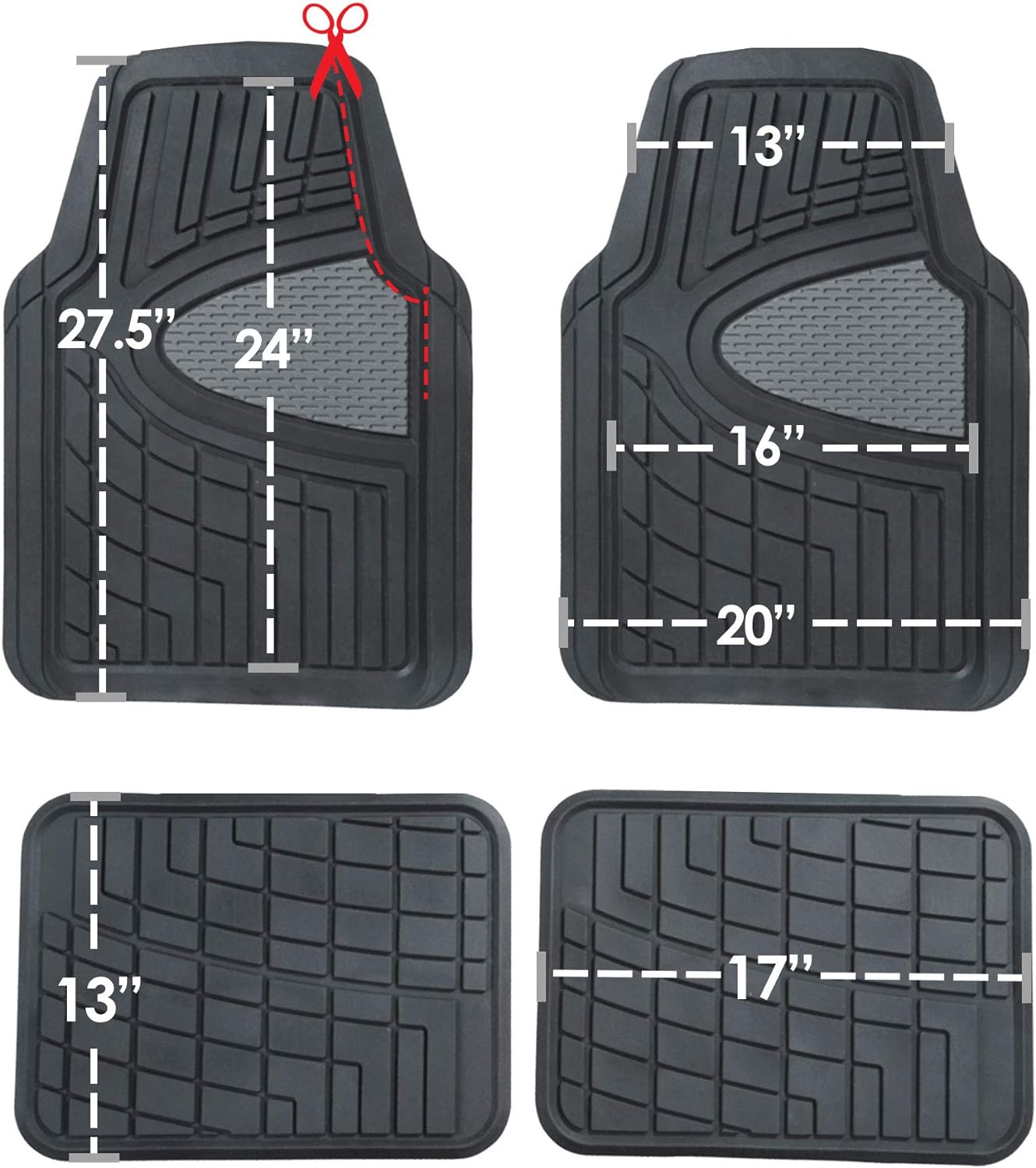 FH Group Automotive Floor Mats - Heavy-Duty Rubber Floor Mats for Cars, Universal Fit Full Set, Climaproof Floor Mats, Trimmable Floor Mats for Most Sedan, SUV, Truck Floor Mats Gray Black