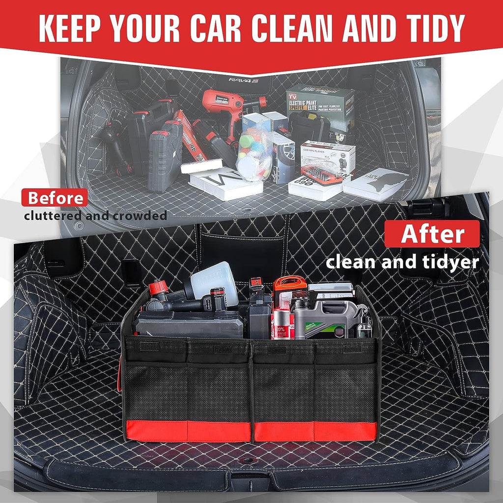 Simniam Collapsible Car Trunk Organize with 3 Removable Dividers, Trunk Organizer Fits Most Car, SUVs, Truck, or Minivan (2 Compartments, Red)