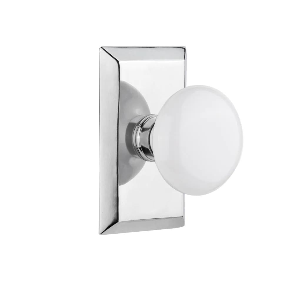 Studio Plate 2-3/8 in. Backset Bright Chrome Privacy Bed/Bath White Porcelain Door Knob
