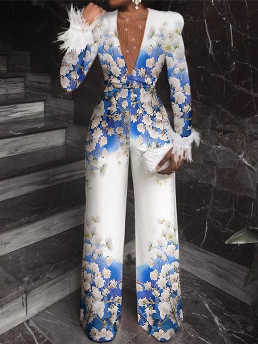 Women's Fashion Color Block Floral Feather Cuff Jumpsuit