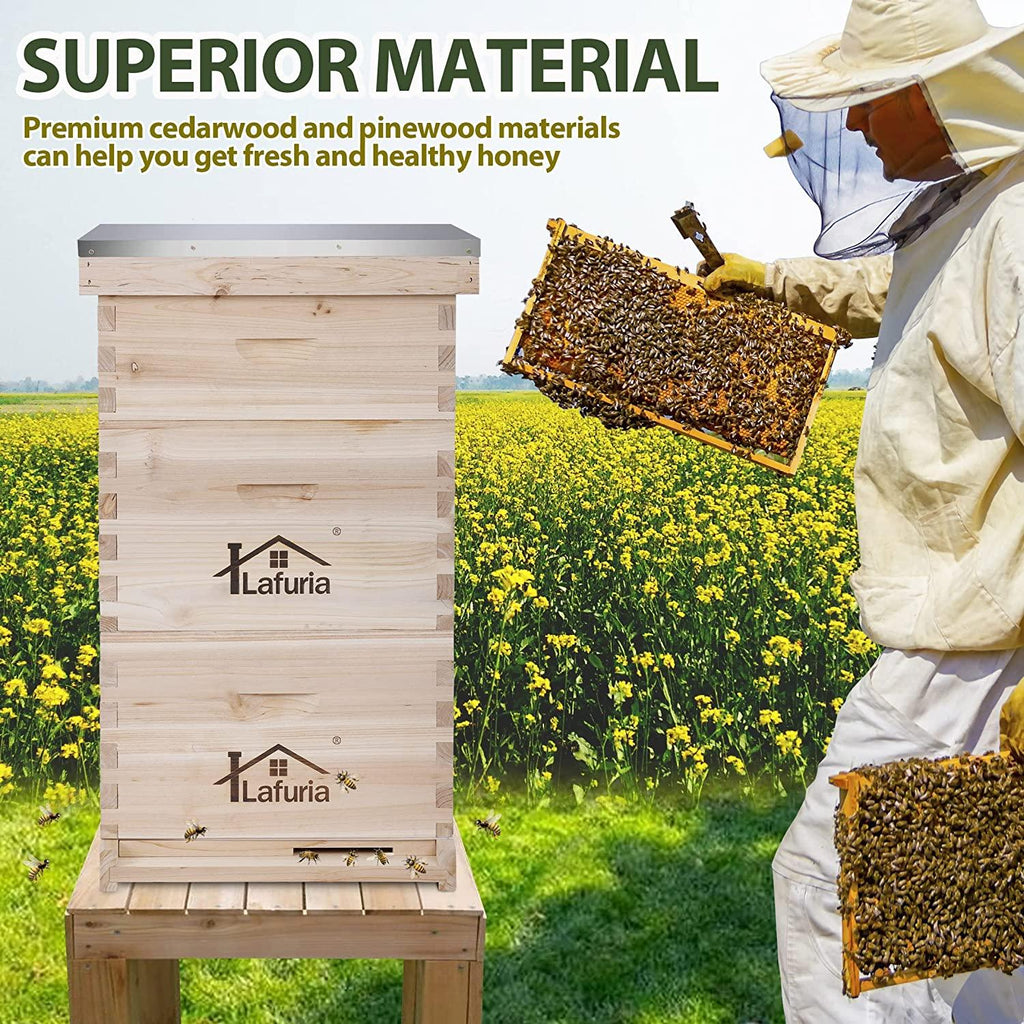 lafuria 3 Layers 30 Frames Langstroth Honey Bee Hive Box Wooden with Metal Roof for Beekeeping