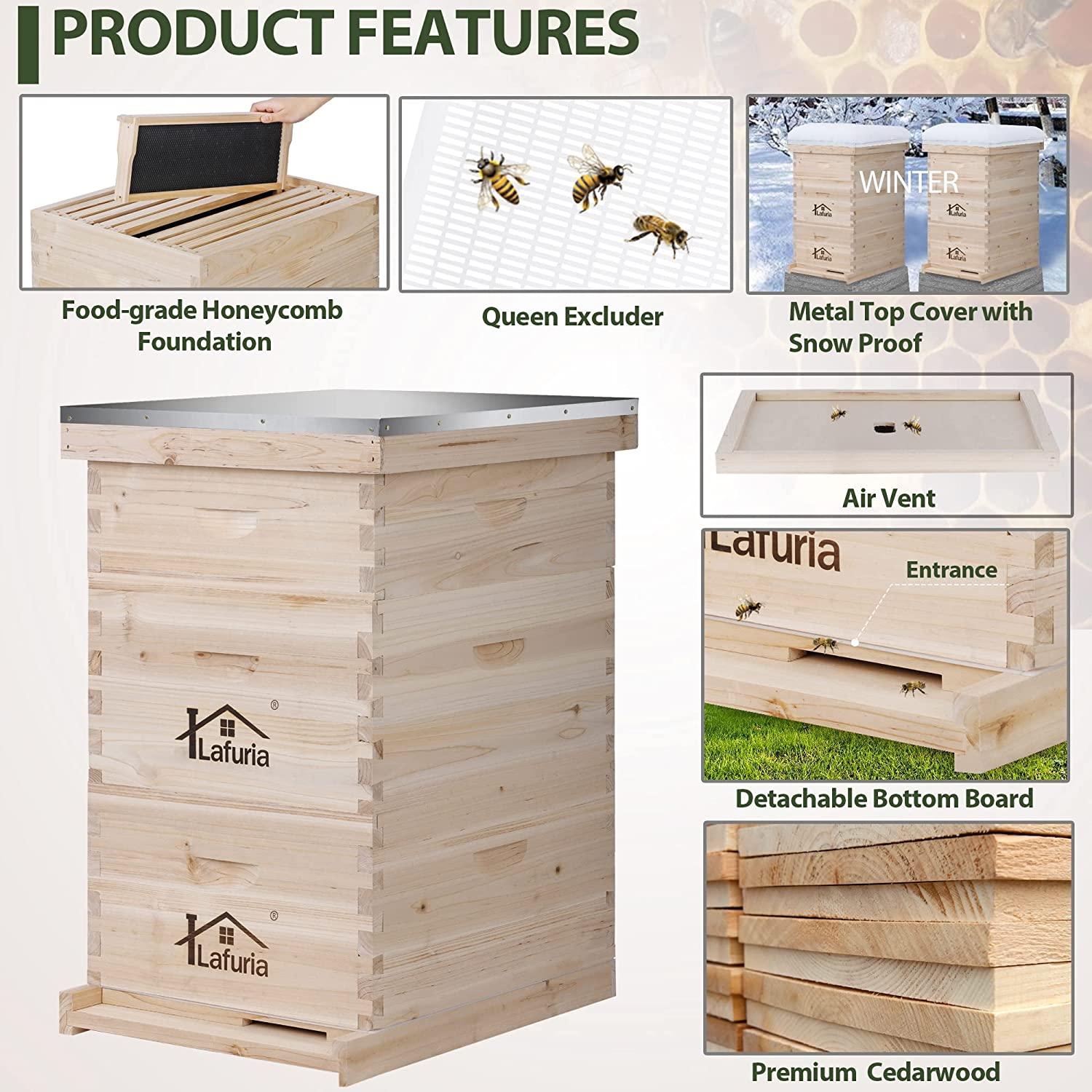 lafuria 3 Layers 30 Frames Langstroth Honey Bee Hive Box Wooden with Metal Roof for Beekeeping