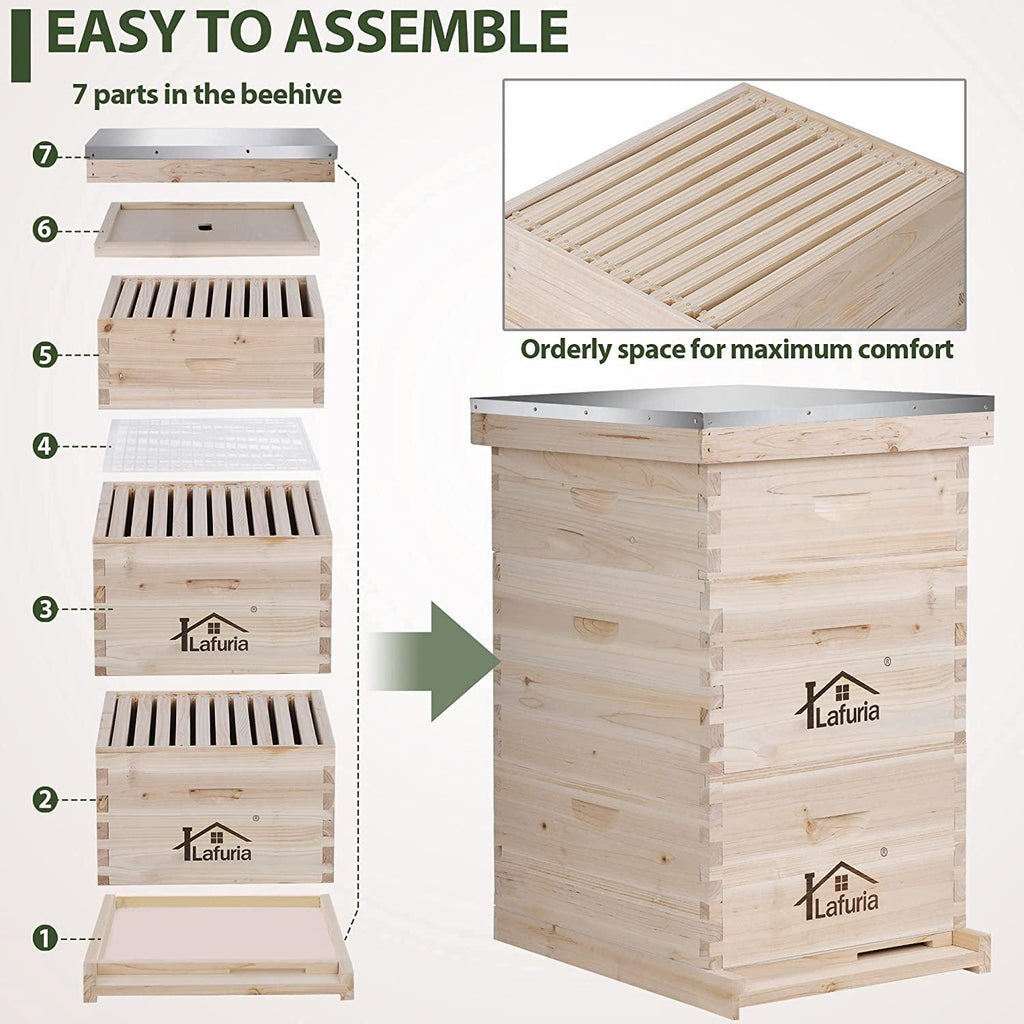 lafuria 3 Layers 30 Frames Langstroth Honey Bee Hive Box Wooden with Metal Roof for Beekeeping
