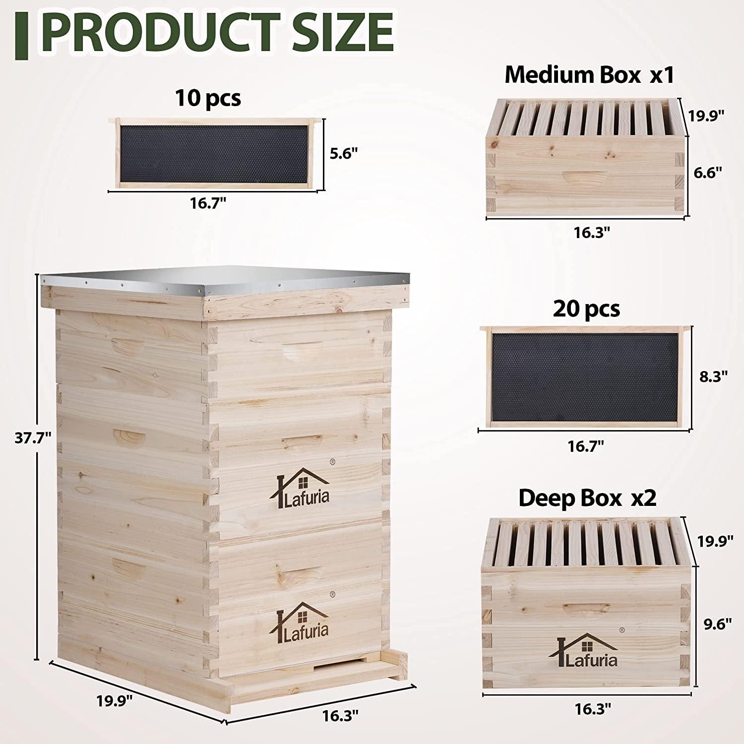 lafuria 3 Layers 30 Frames Langstroth Honey Bee Hive Box Wooden with Metal Roof for Beekeeping