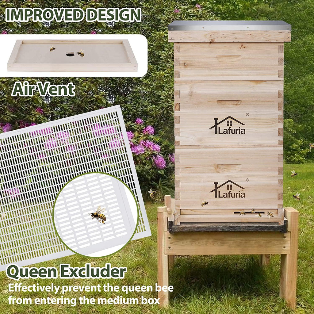lafuria 3 Layers 30 Frames Langstroth Honey Bee Hive Box Wooden with Metal Roof for Beekeeping